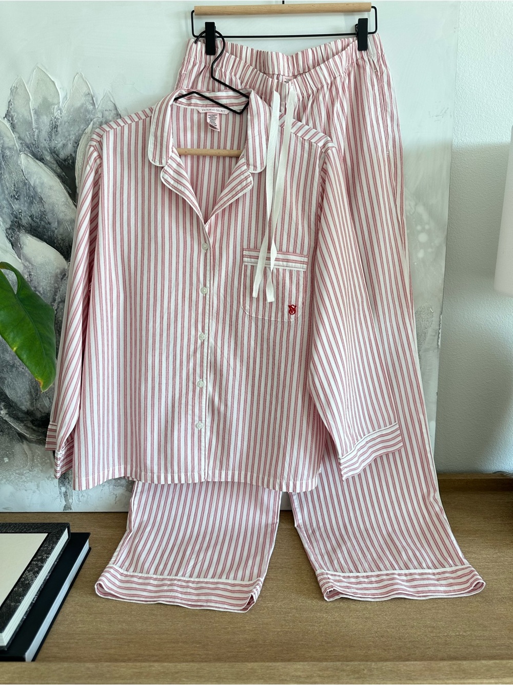 Victoria's Secret Red and White Striped Pajama Set Size Large